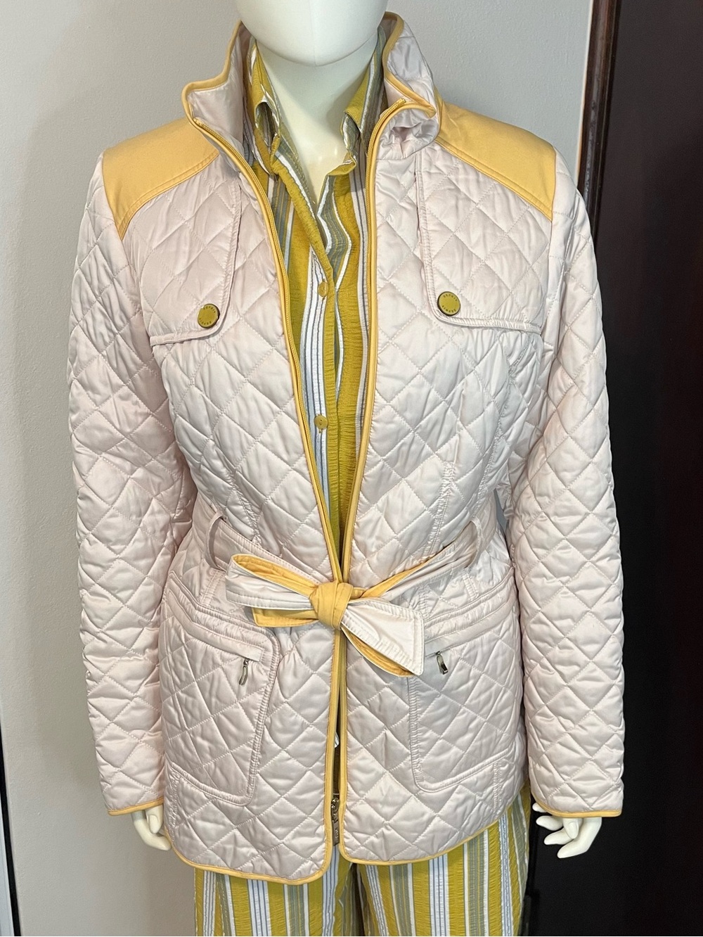 Esprit Quilted  Slim Jacket Yellow and Cream with Belt Size M